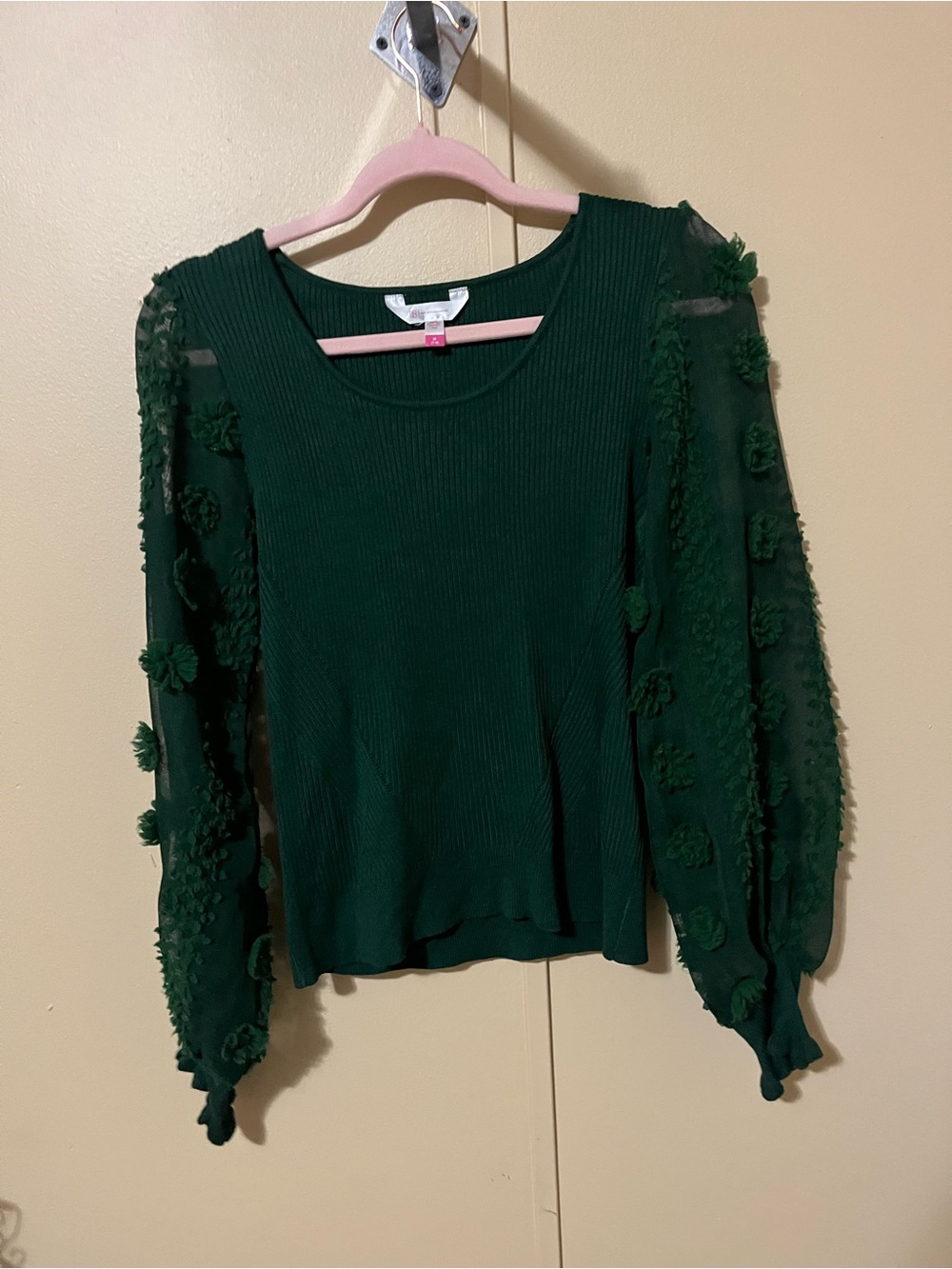 No Boundaries Dark Green Puff-Sleeve Textured Top